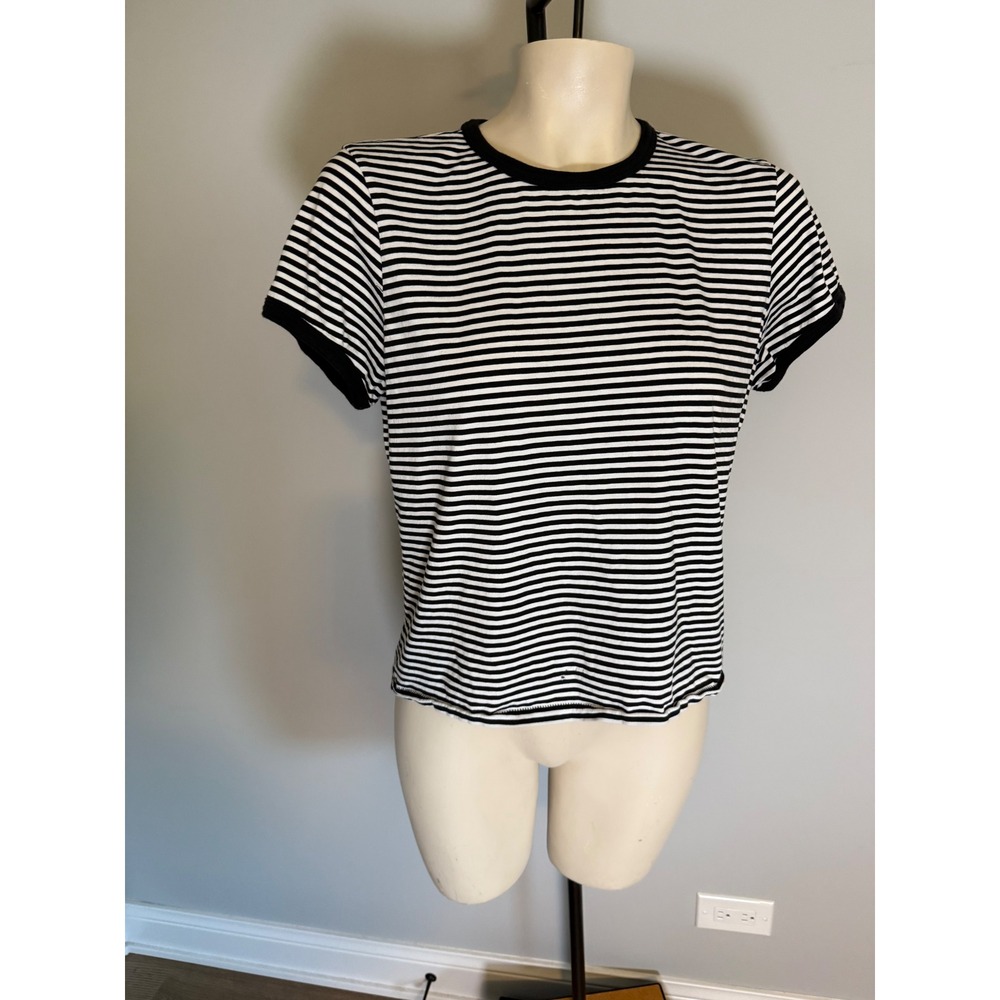 FRAME Black White Striped Pima Cotton Ringer Tee Shirt Womens L